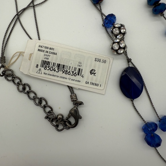 Bead and Crystals Necklace Blue & Antiqued Gold Tone Chain New With Tags & Box - Picture 3 of 8